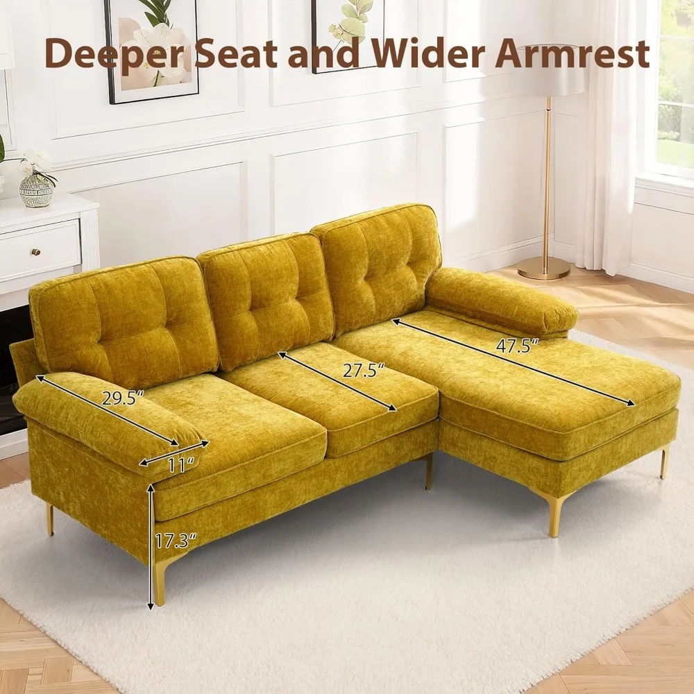 أرائك مقطعية على شكل حرف L من الشنيل مقاس 82 بوصة لغرفة المعيشة، أريكة وحدات مريحة بثلاثة مقاعد مع كرسي للمساحات الصغيرة، منتصف القرن Mo #4