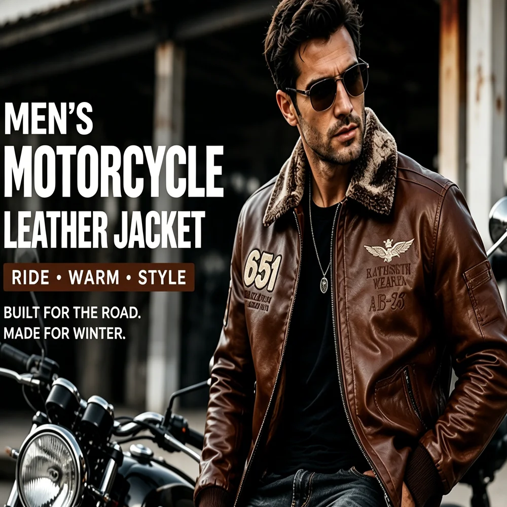 Winter Men's Warm PU Leather Jackets Fashion Man Embroidery Streetwear Motorcycle Biker Coats Man Fur Collar Moto Leather Jacket