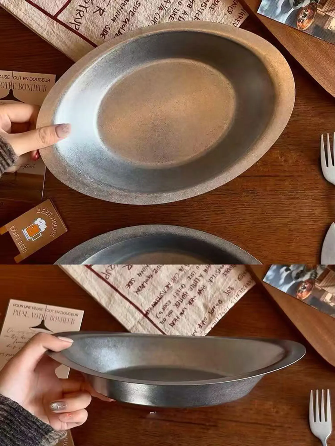 Amerikanischer Retro-Edelstahlteller, ovaler Teller im Western-Stil, Curry-Reis-Teller, Pasta-Teller, Salatteller, Kaffeehaus-Geschirr 1 Stück – Detail 2