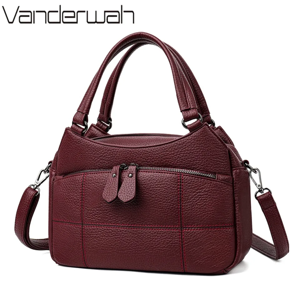 Women's Leather Handbag Small Casual Tote Crossbody Hand Bag for Daily Use Mother Shoulder Bag with Three Zipper Pockets 2026