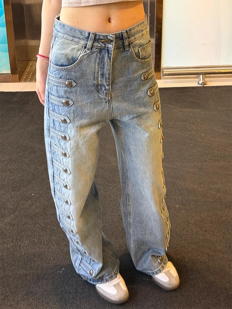 plus Size American Style Napoleon Court Jeans Women's New Metal Buckle Small Design Loose Wide Leg Long Pants High Waist