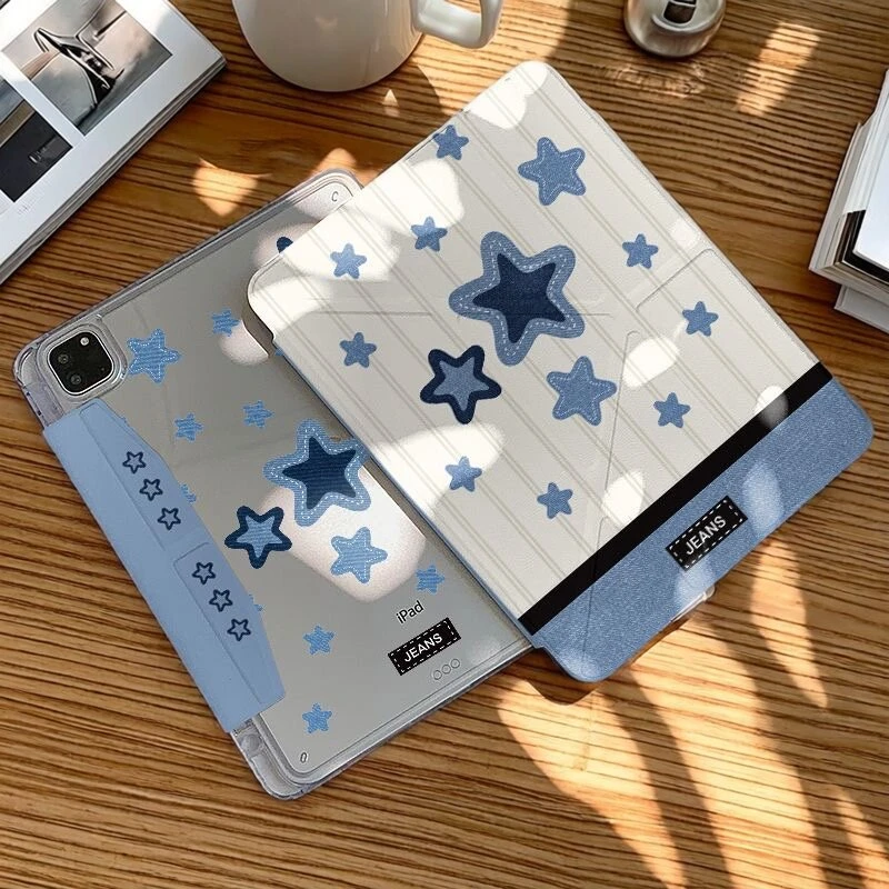 Korean Ins Blue Star Striped Y2K Y-Fold Cover For iPad Pro 13 11th M5 M4 12.9 A16 10 8 7 9th 10th Air 11 M2 M3 Mini Tablet Case