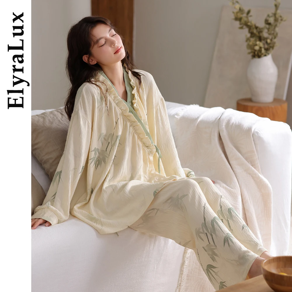

ElyraLux женский пижамный комплект с рюшами и запахом, свободный крой с длинными рукавами, одежда для сна с бамбуковым узором, мягкая одежда для дома, уютная домашняя одежда