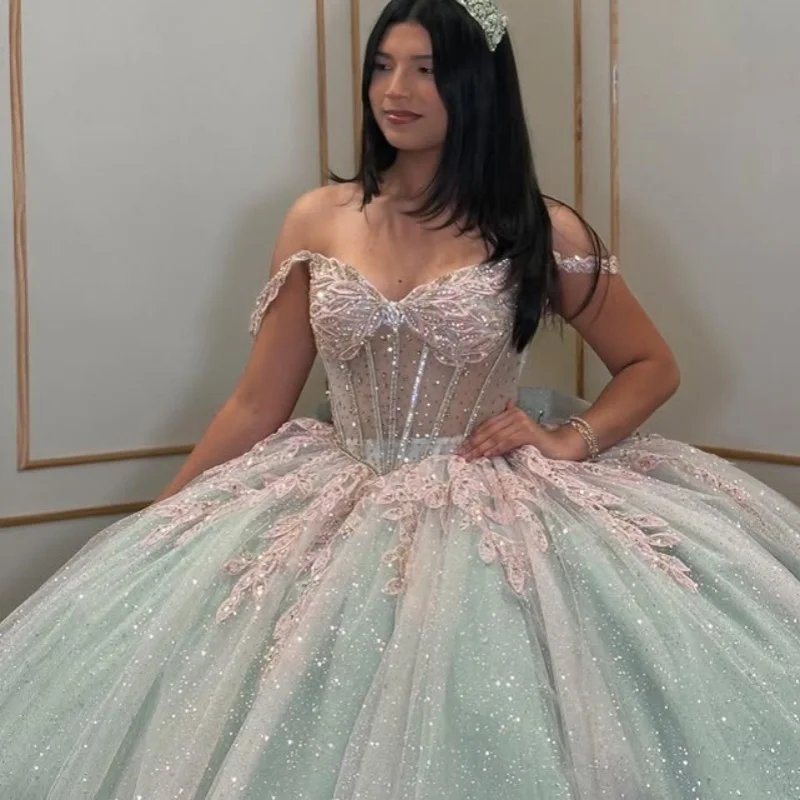 

Customized Shiny cyan Quinceanera Dresses Off the Shoulder crystal glitter decal Tull flower Long tail Bow Vestido15 Quinceanera