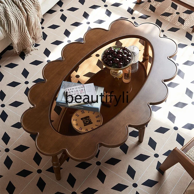 

xzzHuayang журнальный столик из вишневого дерева в стиле ретро, овальный двухслойный, кружевной, из цельного дерева, деревянный средневековый журнальный столик