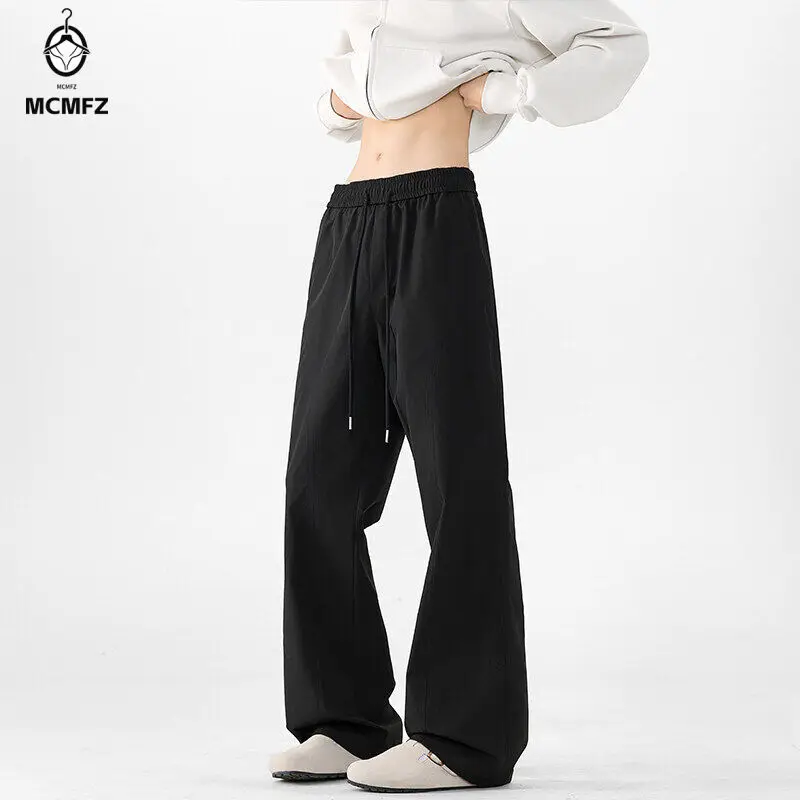 Mens Simple Design Wide Leg Trousers Drawstring Closure Elastic Waistband For Weekend Outing Travel And Casual Matching