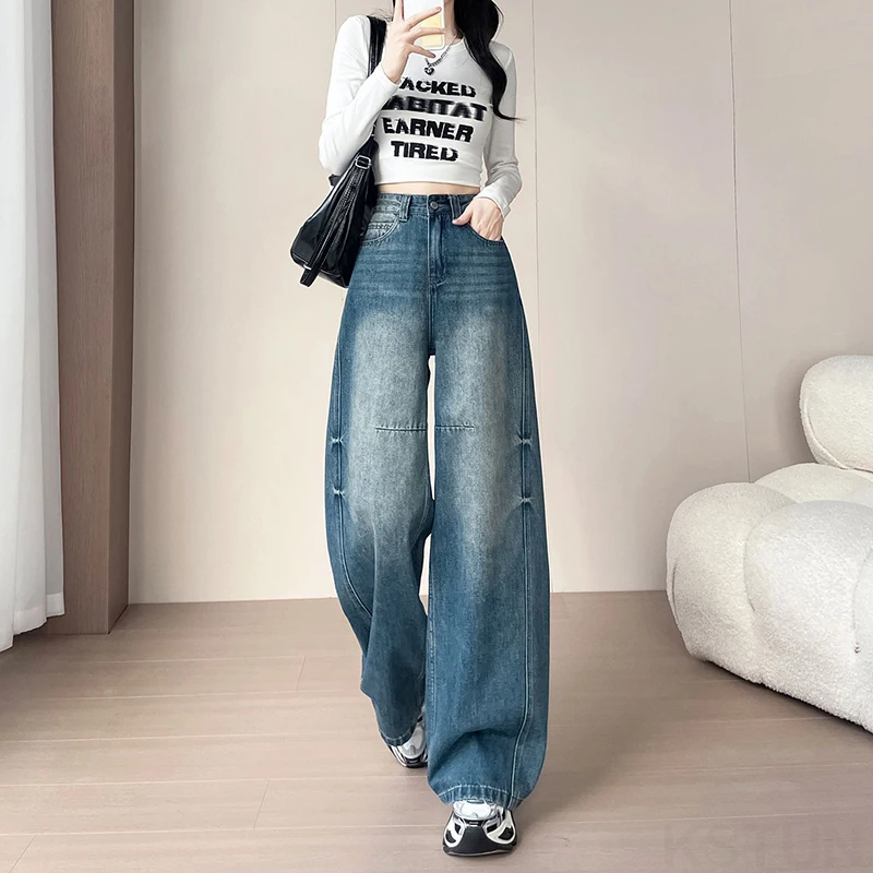 KSTUN خمر شارع العليا واسعة الساق الجينز للنساء عالية الخصر السراويل الفضفاضة الإناث مستقيم الساق سراويل جينز العصرية المرقعة #3