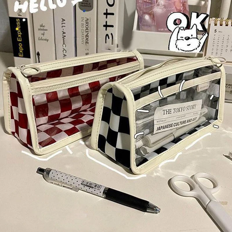 1PC Tragbare Wasserdichte Große Kapazität Doppel Schicht Bleistift Fall Einfache Transparente Schachbrett Bleistift Tasche Student Schreibwaren