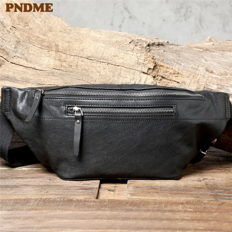 Fashion casual genuine leather men's black chest bag simple versatile natural soft real cowhide multifunctional waist pack Teens