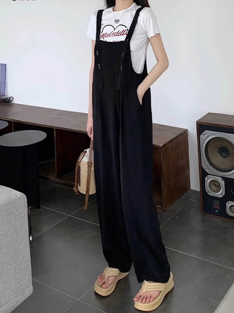 Mode Frauen schwarz Overalls Sommer neu plus Größe hohe Taille weites Bein Hosenträger Hose Freizeit lose weibliche Overalls