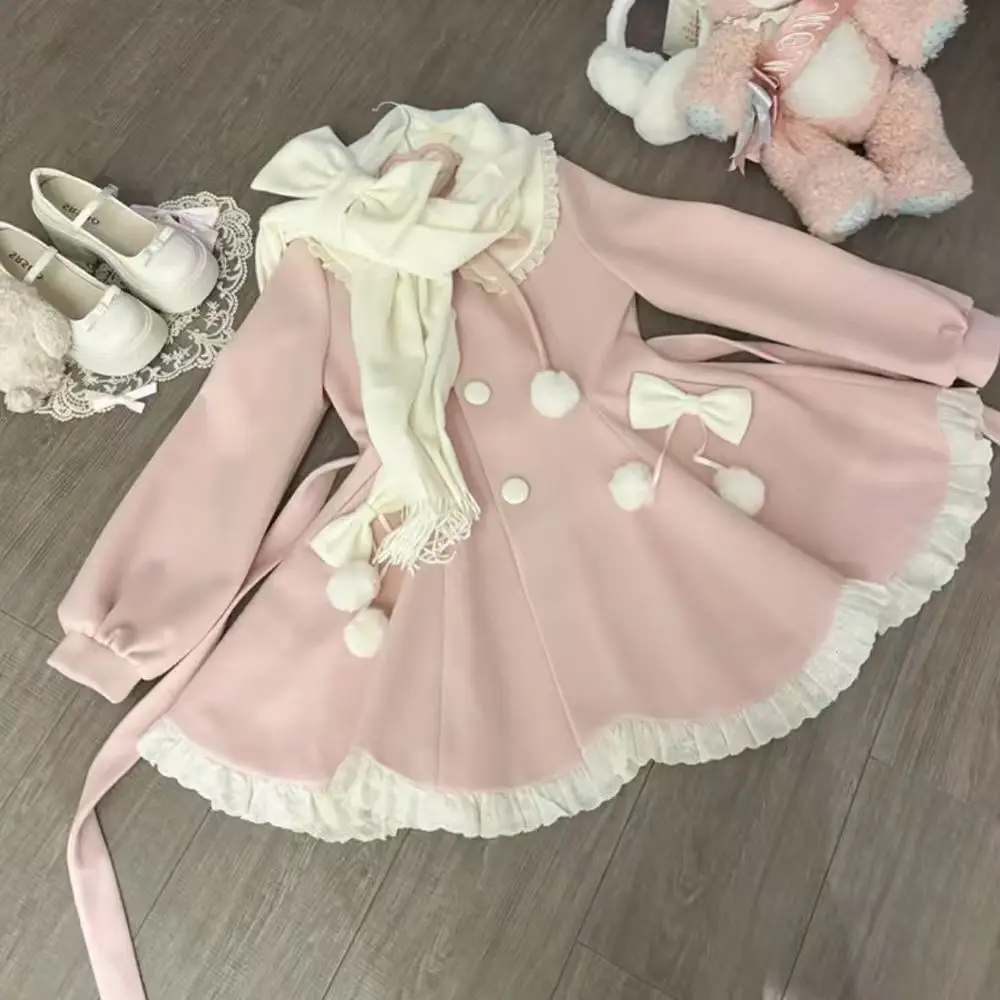 

Japanese Kawaii Lolita Dress Coat with Lace Sweet Style Y2K Aesthetic Contrast Color Single Breasted Party Vestidos for Women