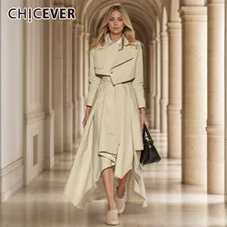 CHICEVER Autumn Casual Trench For Women Lapel Long Sleeve High Wiast Spliced Lace Up Asymmetrical Hem Design Windbreaker Female