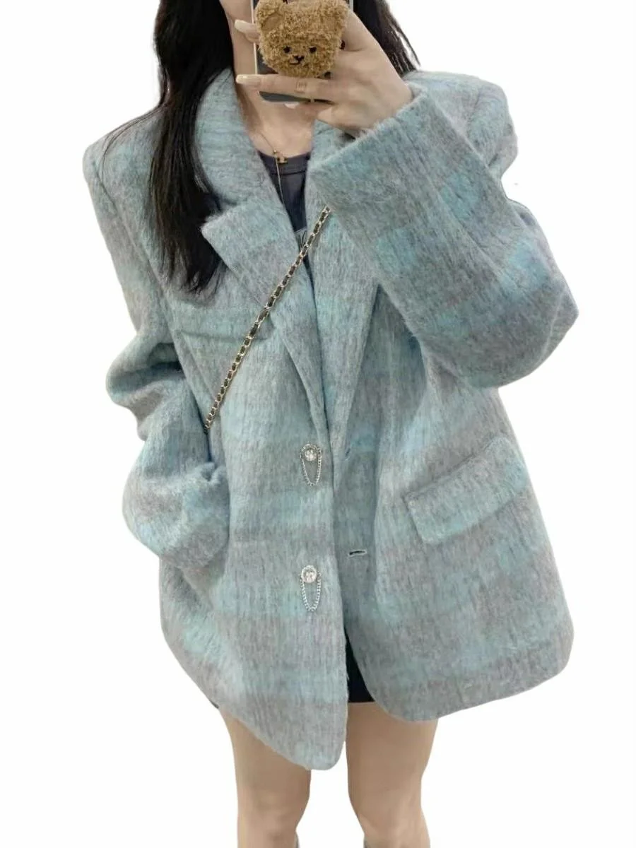 الرجعية منقوشة معطف الصوف المرأة فضفاضة تناسب تصميم الراقية المشاعر العلامة التجارية زر السيدات قسط Sle تخفيف Faion #3