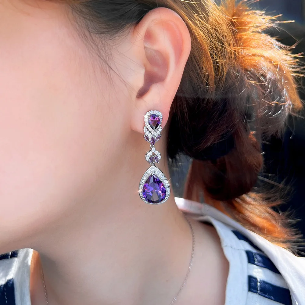 CWWZircons Bezaubernder lila Wassertropfen-Ohrclip mit Zirkonia-Besatz, Ohrringe ohne Ohrloch für Damen, Abendparty-Schmuck EJ0045 – Detail 4