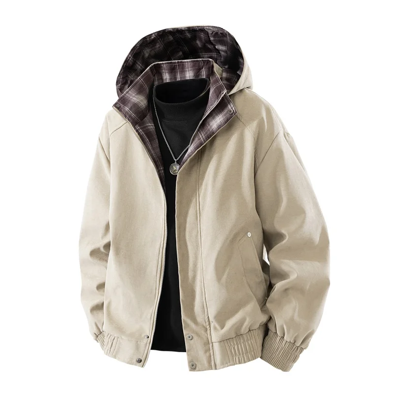

2025 Autumn Hooded Plaid Jacket for Men New Loose American Casual Versatile Suede Work Coats Men's Korean Trendy Checkered Coat