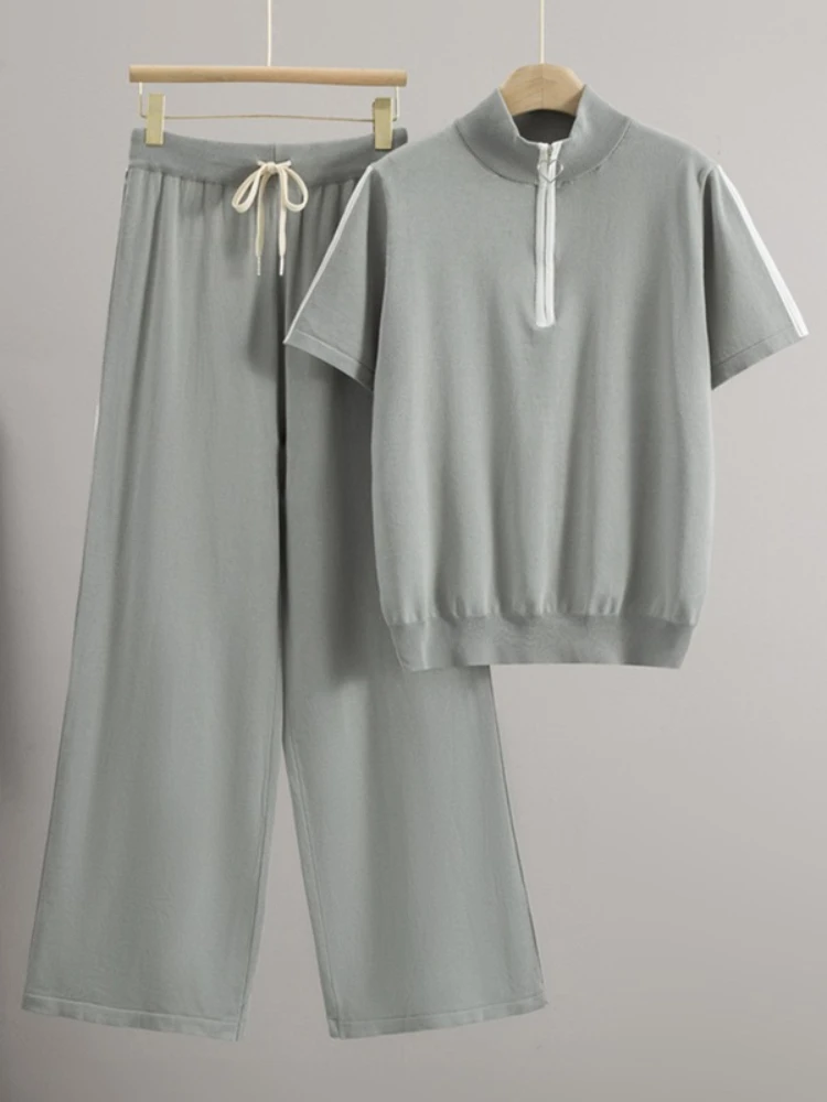 

Женский летний новый воротник-стойка на молнии, топ с короткими рукавами и широкими штанинами, простые брюки, повседневный комплект из двух предметов