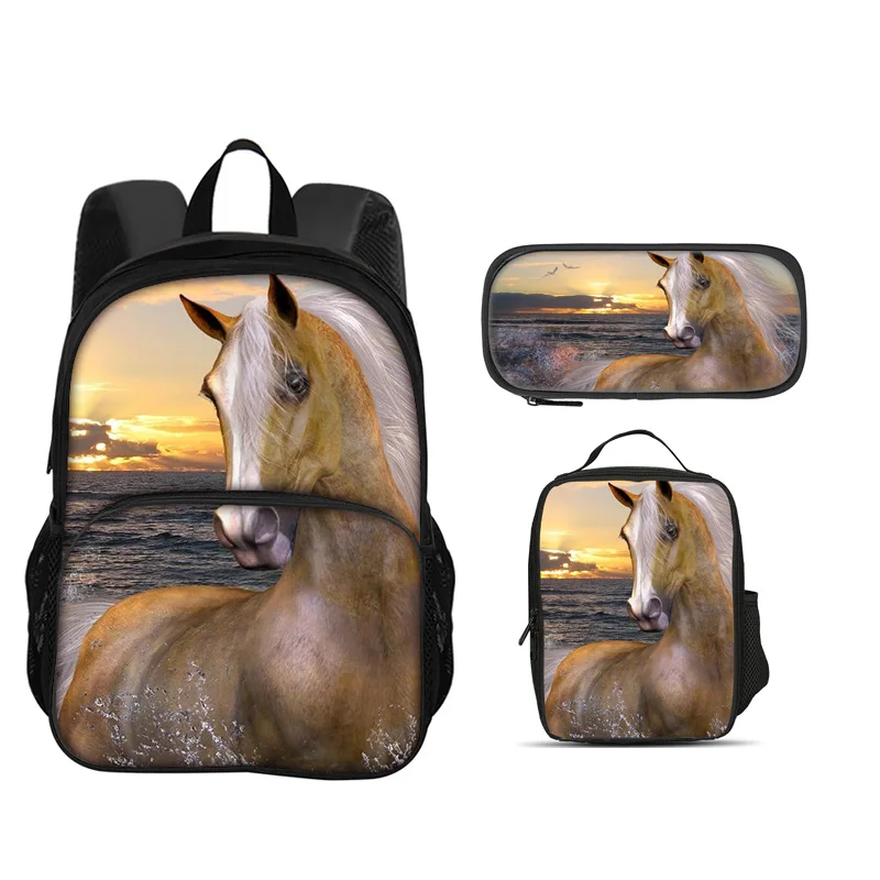 Horse round front bag backpack pencil case ice pack 3Pcs Set animal horse 3D printed large capacity student new item