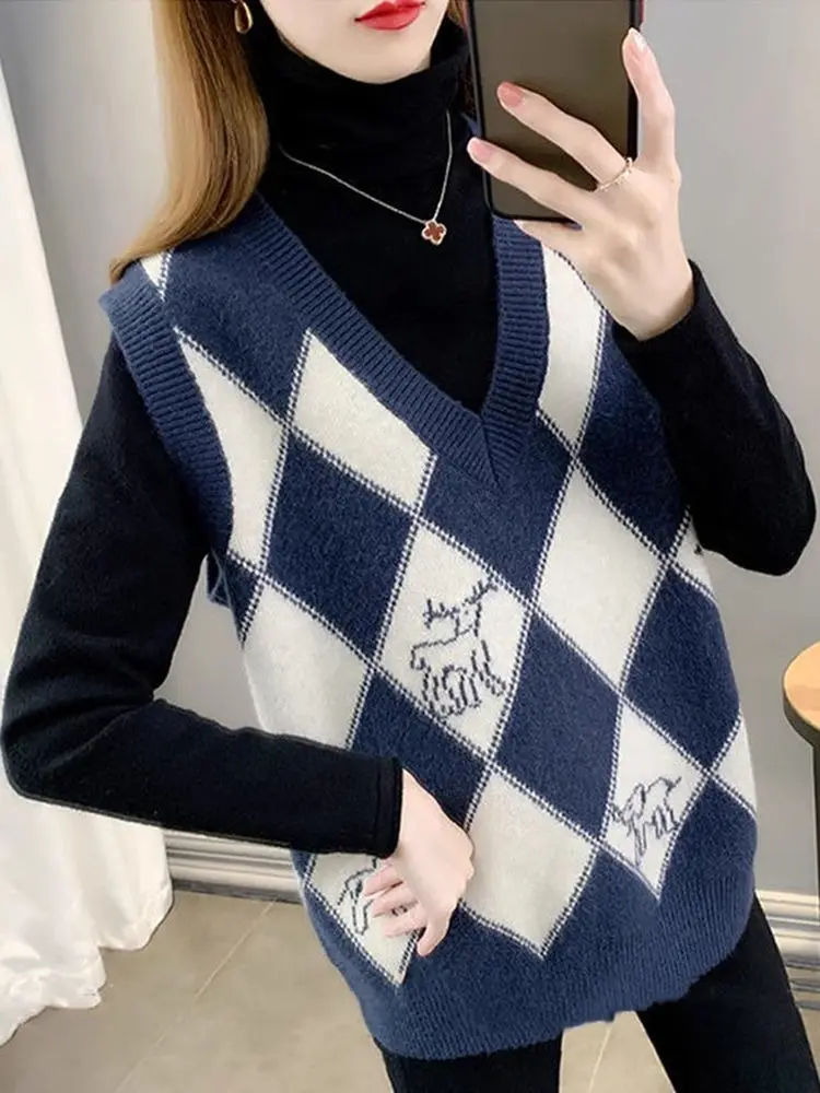 Spring Autumn 2026 V-Neck Loose Diamond Pattern Knitted Vest Women's Color Block Shoulder Ladies Fashion College Style Tank Top