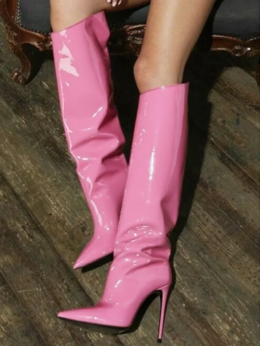 Patent Leather Beige Knee High Boots Runway Fashion Stiletto High Heel Sexy Pointed Toe Slip On 2024 New Arrivals Fashion Shoes view 2