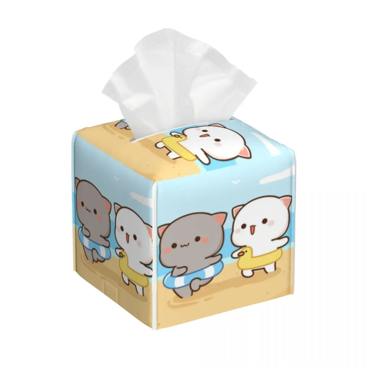 Custom Peach And Goma Tissue Box Holder Square Cartoon Mochi Cat PU Leather Facial Tissue Box Cover for Car Home