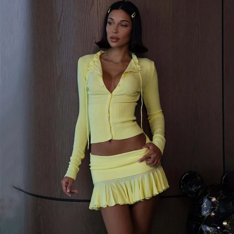 

Tuularose Knitted Ruffle Dress Sets Fashion Lace-up Cardigan Ruffle Pleated Skirt Set Women Elegant Party Looks Knit Dress Sets