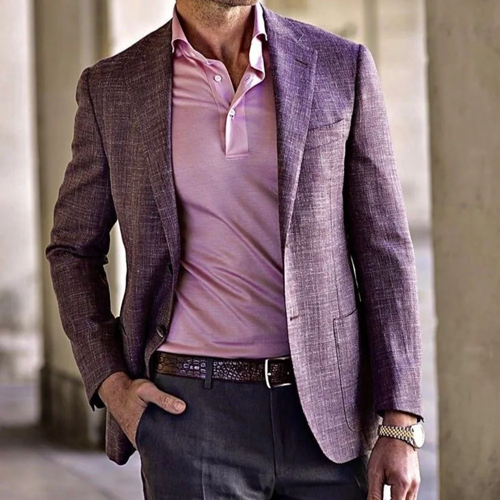 

Men's Cotton Linen Casual Suit Jacket Purple Single Breasted Large Pocket Slim Jacket Fashion Comfortable Coat Men's Summer Jack
