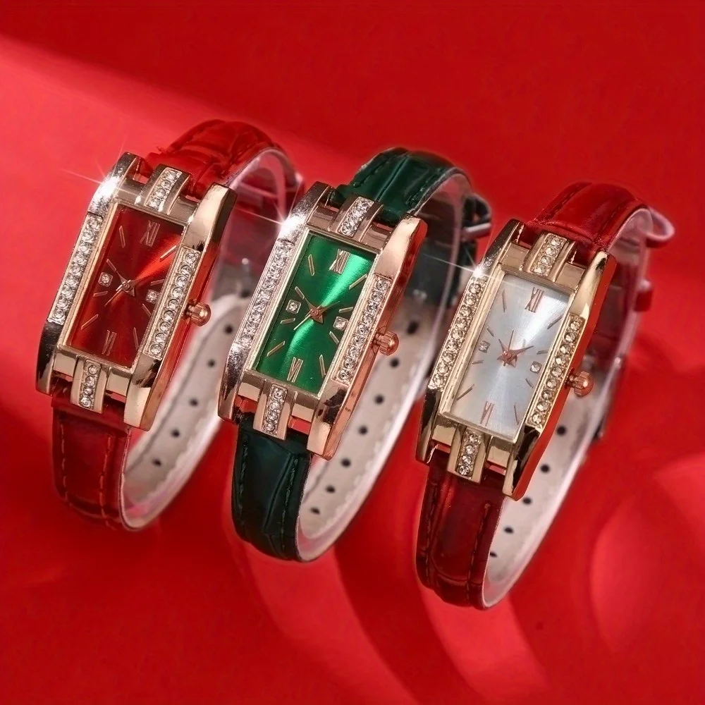 2/ 3pcs/ Set Fashion Women's Watch Set PU Leather Simple Quartz Watch Rectangle Diamonds Fashion Dial Ideal Gift for Women