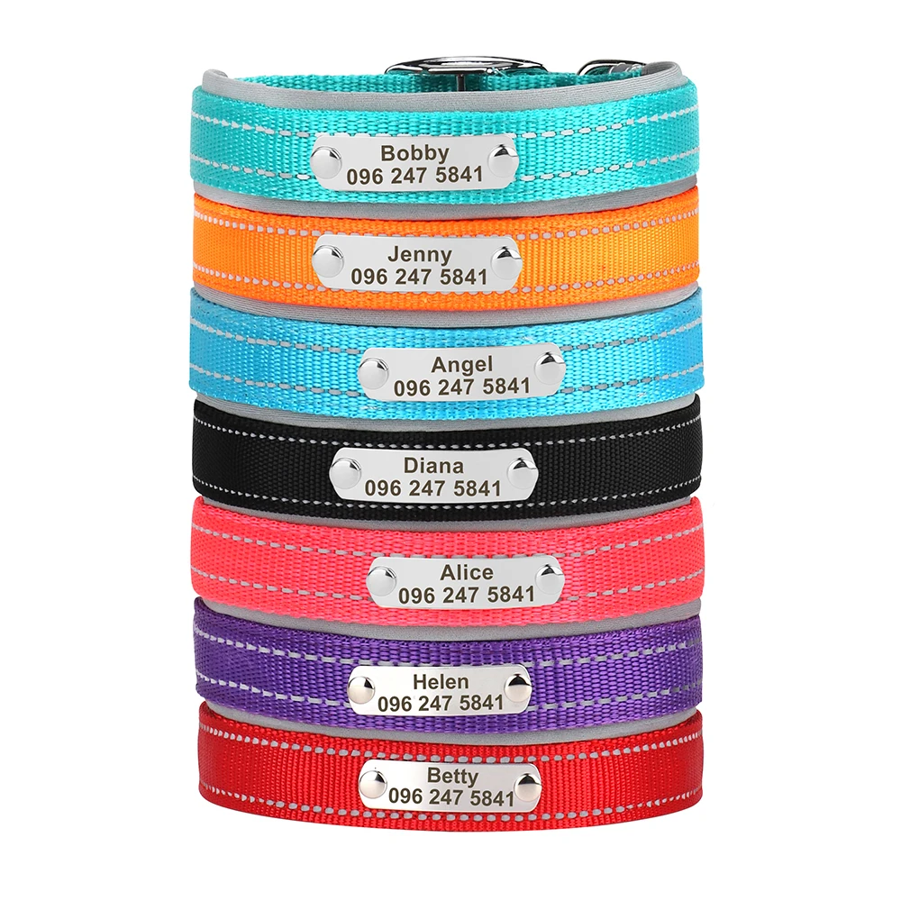 Reflective Nylon Dog Collar Personalized Pet Collar Anti-lost ID Tag Custom Dog Name Collars For Small Medium Large Dogs Pitbull