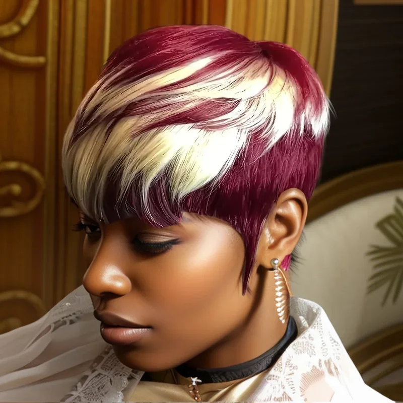 99J/613 금발 색상 짧은 레이어드 픽시컷 전체 머신메이드 가발