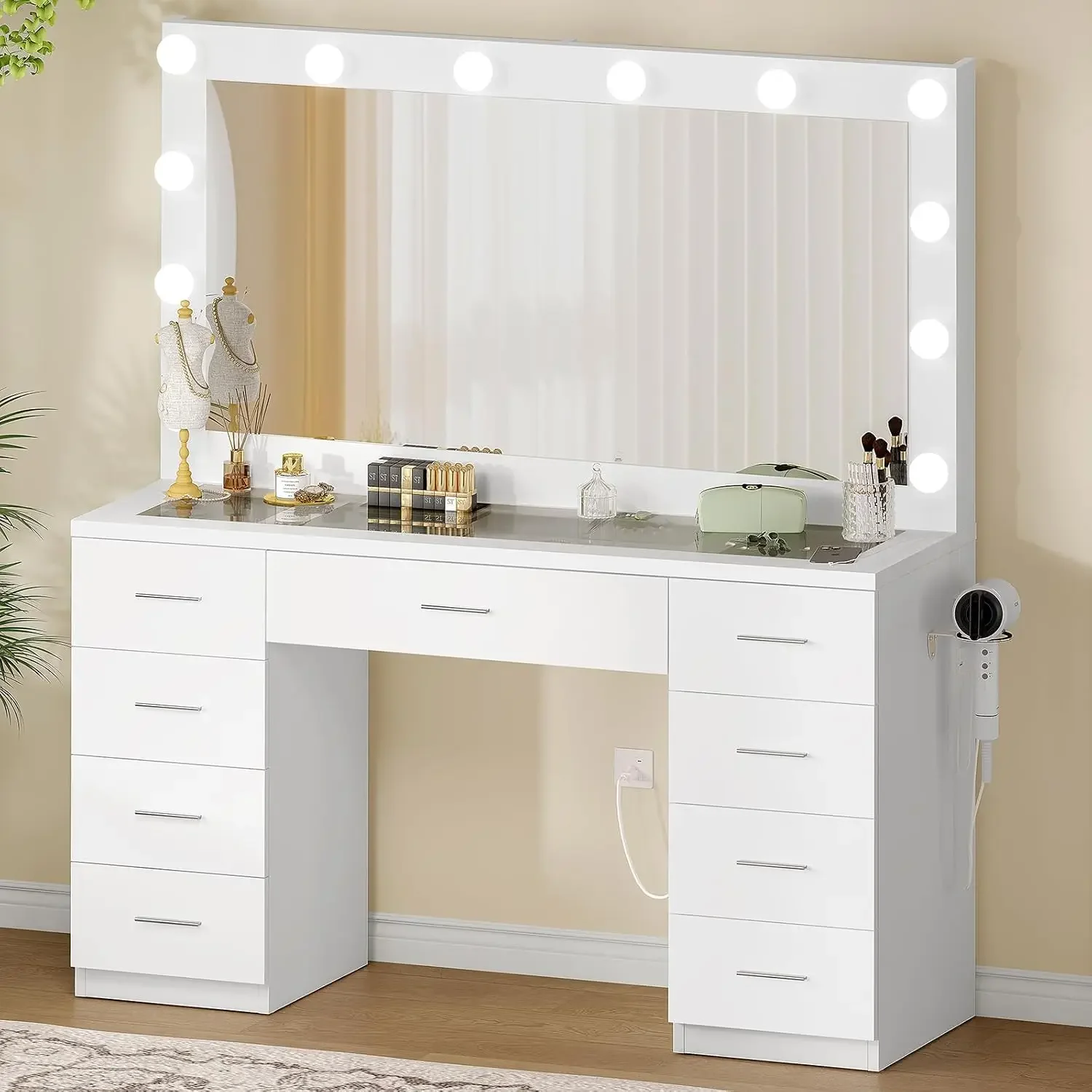 Vanity Desk with Glass Top & Large Lights Mirror, 3 Adjustable Lighting Color, 44