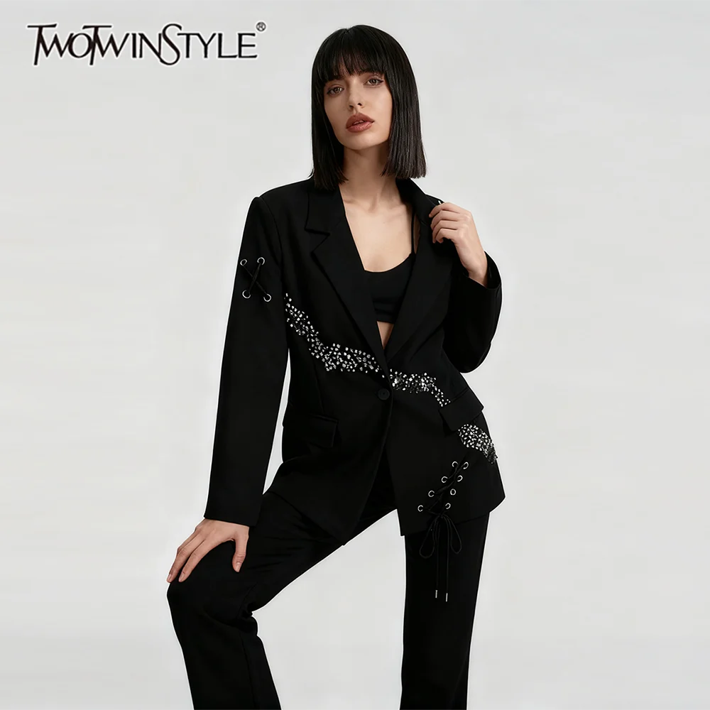 TWOTWINSTYLE Loose Spliced Sequins Design Sense Blazers for Women Lapel Long Sleeves Patchwork Lace Up Casual Blazer Female New