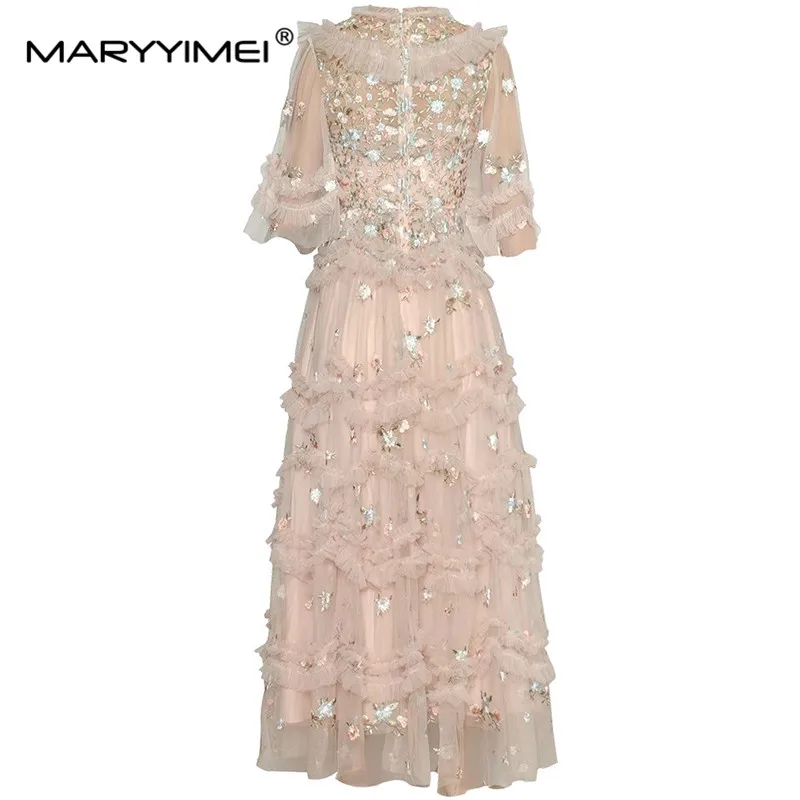 MARYYIMEI Fashion Spring Summer Women\'s dress Mesh flower embroidery Edible Tree Fungus ruffles Elegant Party Maxi Dresses