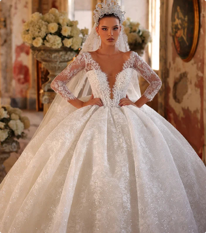 Glitter Lace Wedding Dresses Princess Long Sleeves V Neck Formal Bridal Gowns Church Vestido De Noche 2026 Customized
