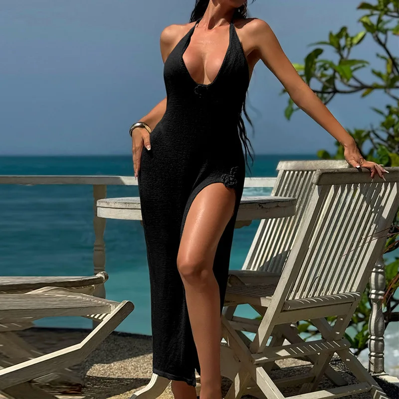 

Sexy Halter Maxi Dress Women Party Summer New Backless Sleeveless A-LINE Dresses Slim Simple Fashion Casual Split Elegant Dress