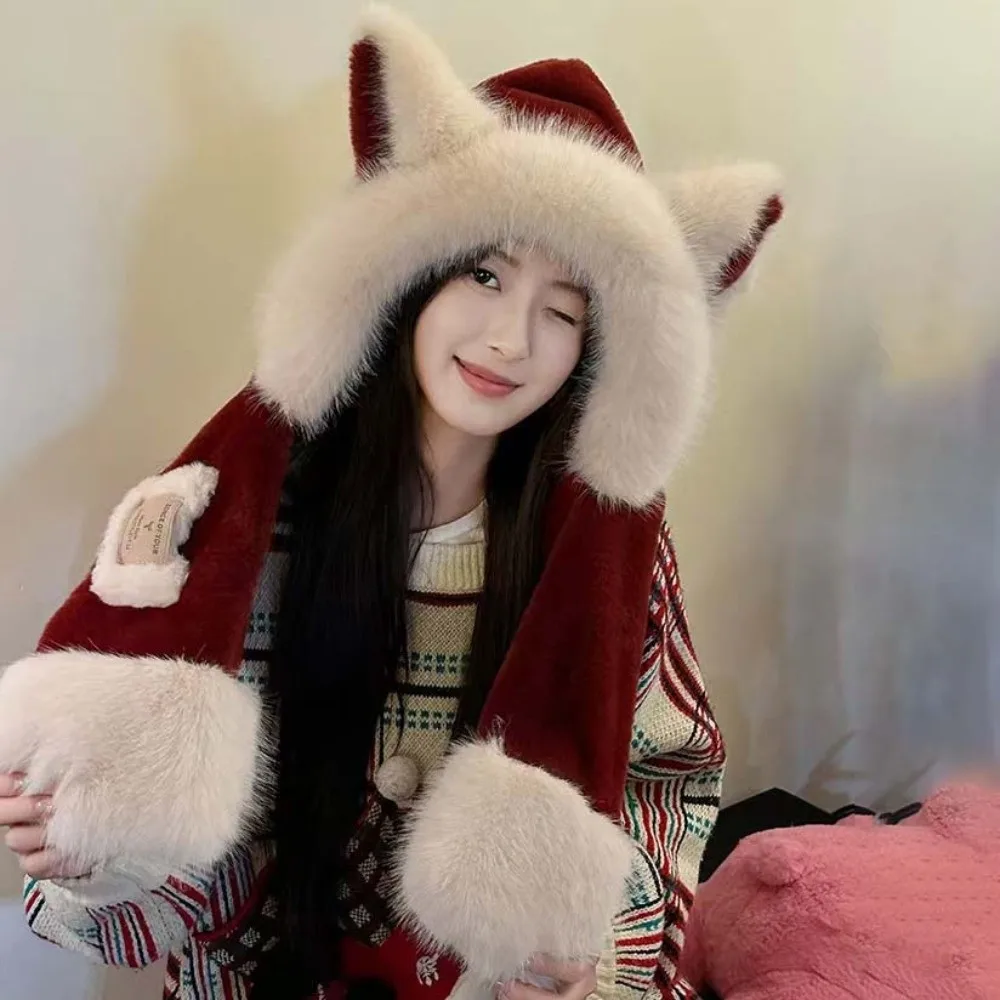 لطيف الكرتون الشتاء أفخم قبعة 2 في 1 يندبروف الحيوان الأذن وشاح قبعة مكافحة البرد دفئا الأذن غطاء حماية الدراجات #4