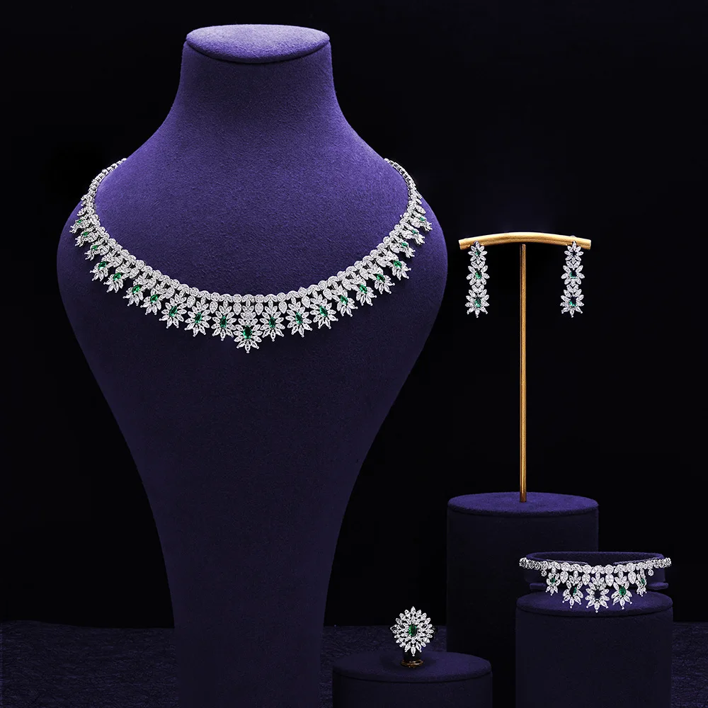 

Cubic Zirconia Bridal Jewelry Sets Wedding 4Pcs Dubai Indian Necklace Bracelet Earring Ring Set Prom Necklace And Earring Set