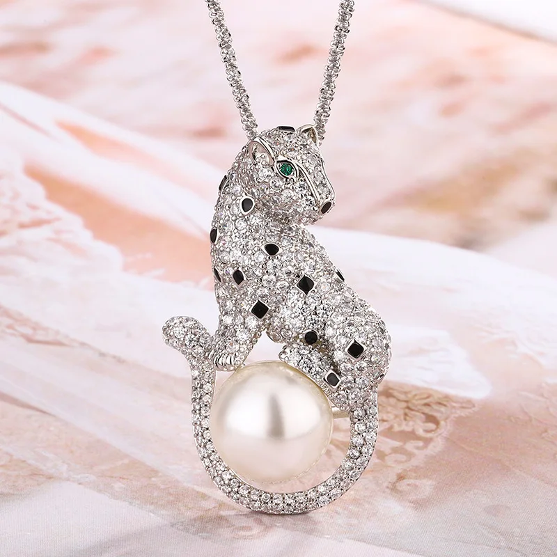 

New Style Jewelry Pearl Pendant Necklace European and American Exaggerated Personality Cheetah for Women