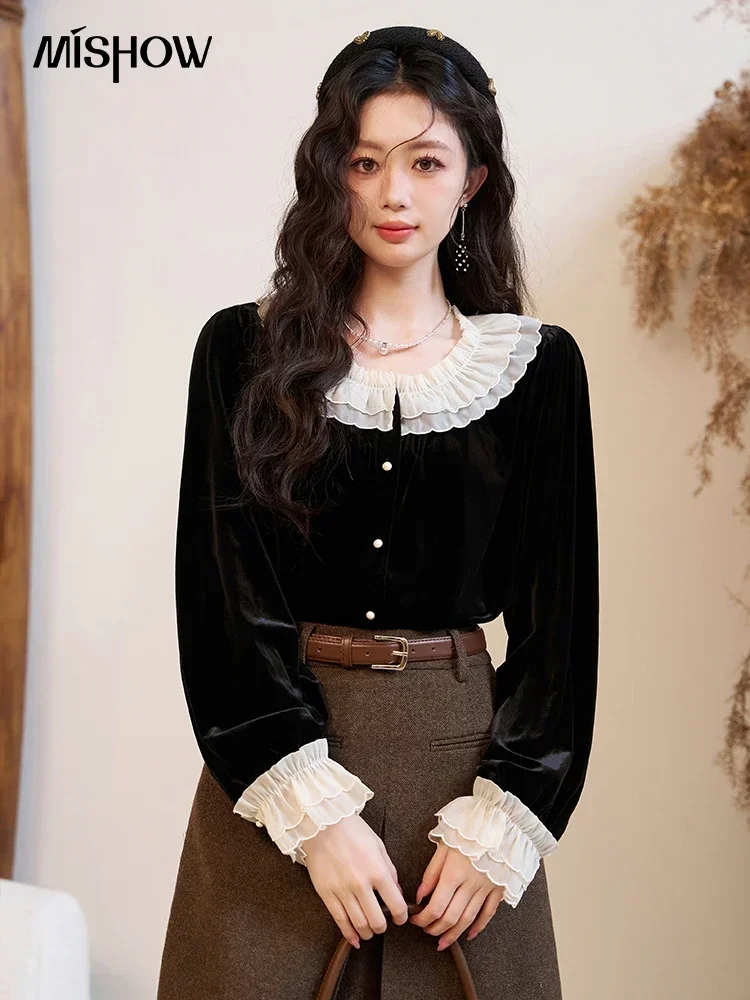 MISHOW French Retro Velvet Blouses for Women 2024 Autumn Winter Button Down O Neck Korean Long Sleeve Shirt Tops MXC51X1323