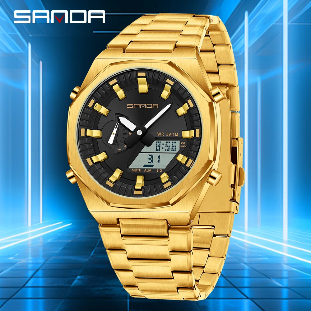 SANDA New 3376 Electronic Watch Octagonal Alloy Multifunctional Waterproof Synchronous Dual Display Men's Electronic Watch