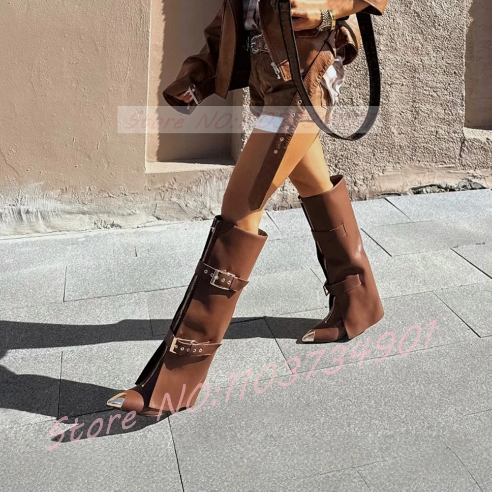 

Metal Pointy Toe Foldover Long Boots Women Belt Buckle Strap Front-Zip High Heels Shoes Ladies Sexy Streetwear Knee High Boots