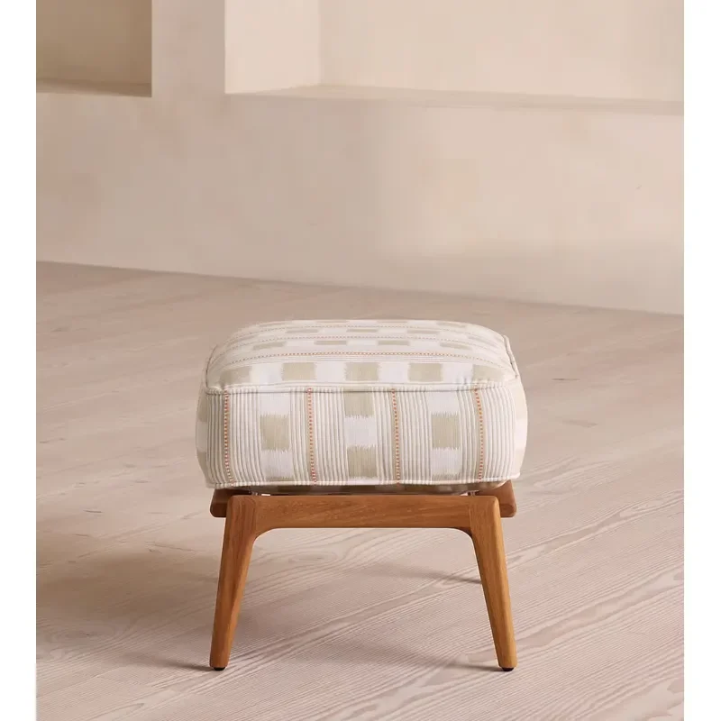 Teak Wood Slatted Frame Mid Century Modern Removable Foam Filled Soft Woven Fabric Upholstered Outdoor Footstool Ottoman