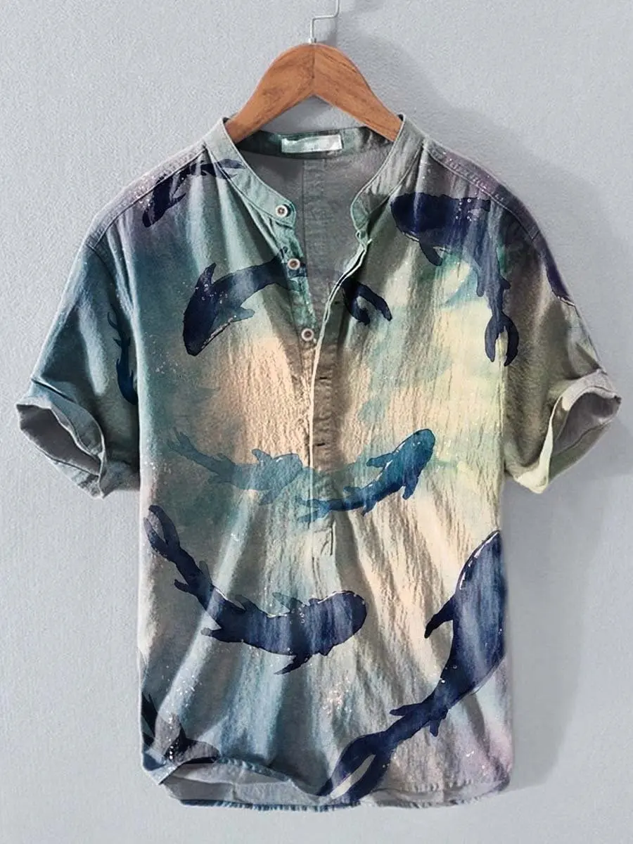 

Модная и минималистичная льняная рубашка с короткими рукавами и 3D рисунком рыбы, удобная и популярная в летних и осенних сезонах.