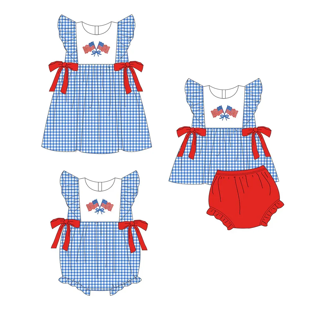 

Infant Girl Fourth of July Clothes Small Flying Sleeves Blue Plaid Bummies Style Flag Bubble Romper Dresses