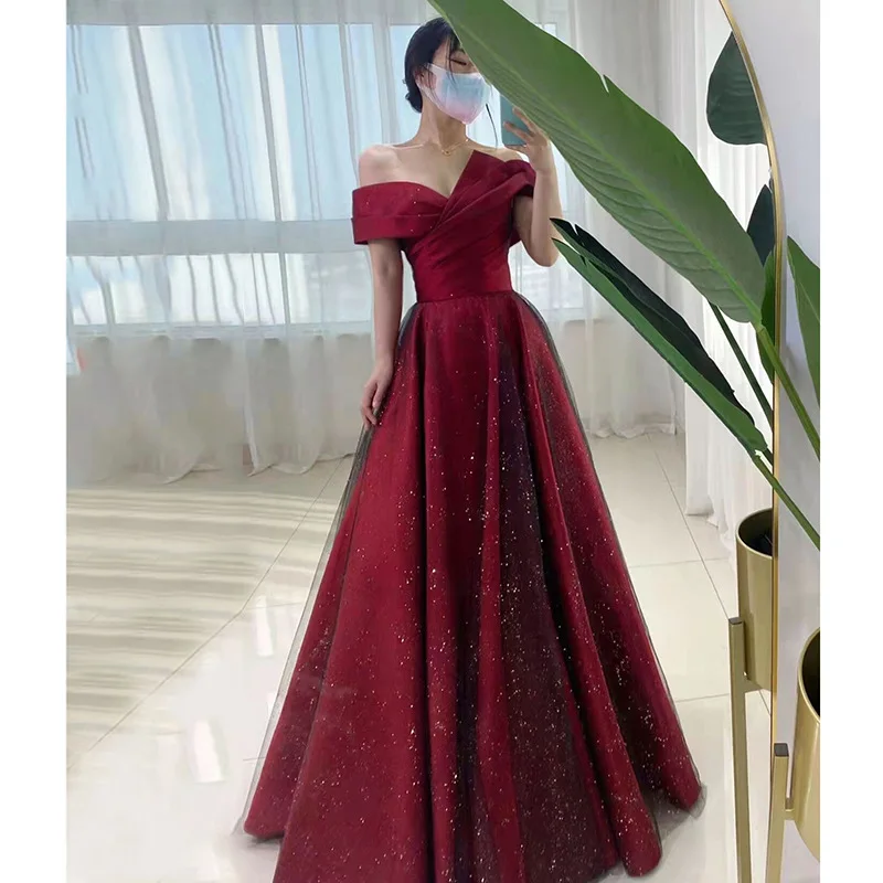 Satin Toast Dress Bride Wedding Burgundy Slash Neck Long Dress Bling Pearl Mesh Yarn Off Shoulder Ball Gown Dresses Vestidos