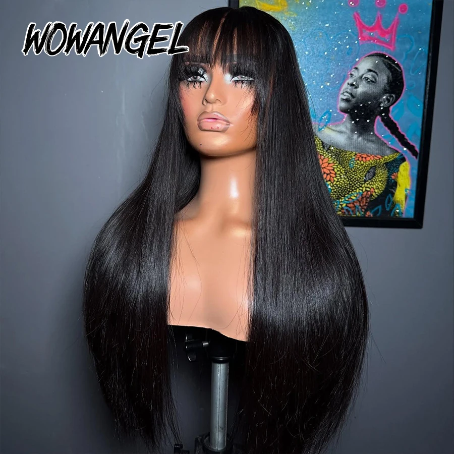 WOWANGEL Bone Straight Wig With Bangs 13x6 HD Парик из натуральных волос на кружеве спереди Бразильский Vrigin Skinlike HD Кружевные фронтальные парики для женщин