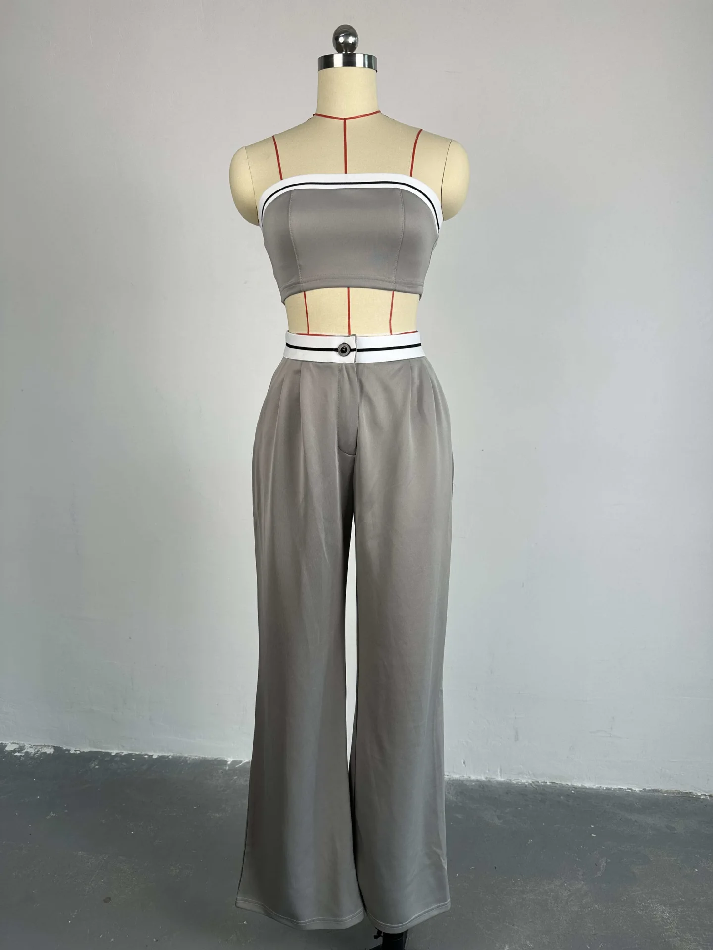 2024 summer new spice girls wear a sports vest with chest contrast color high waist wide leg pants casual suit