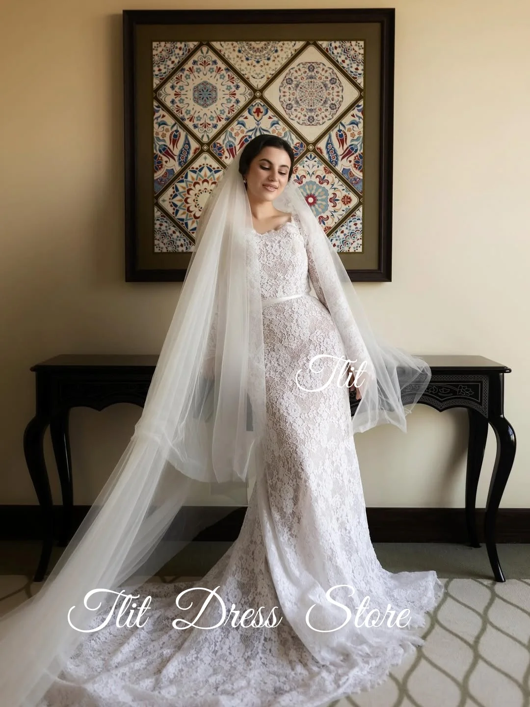 TLIT Modern Marfim Lace A-Line Vestidos de casamento Personalizados Querida فسات jal jazregiões vestidos de noiva de mangas compridas