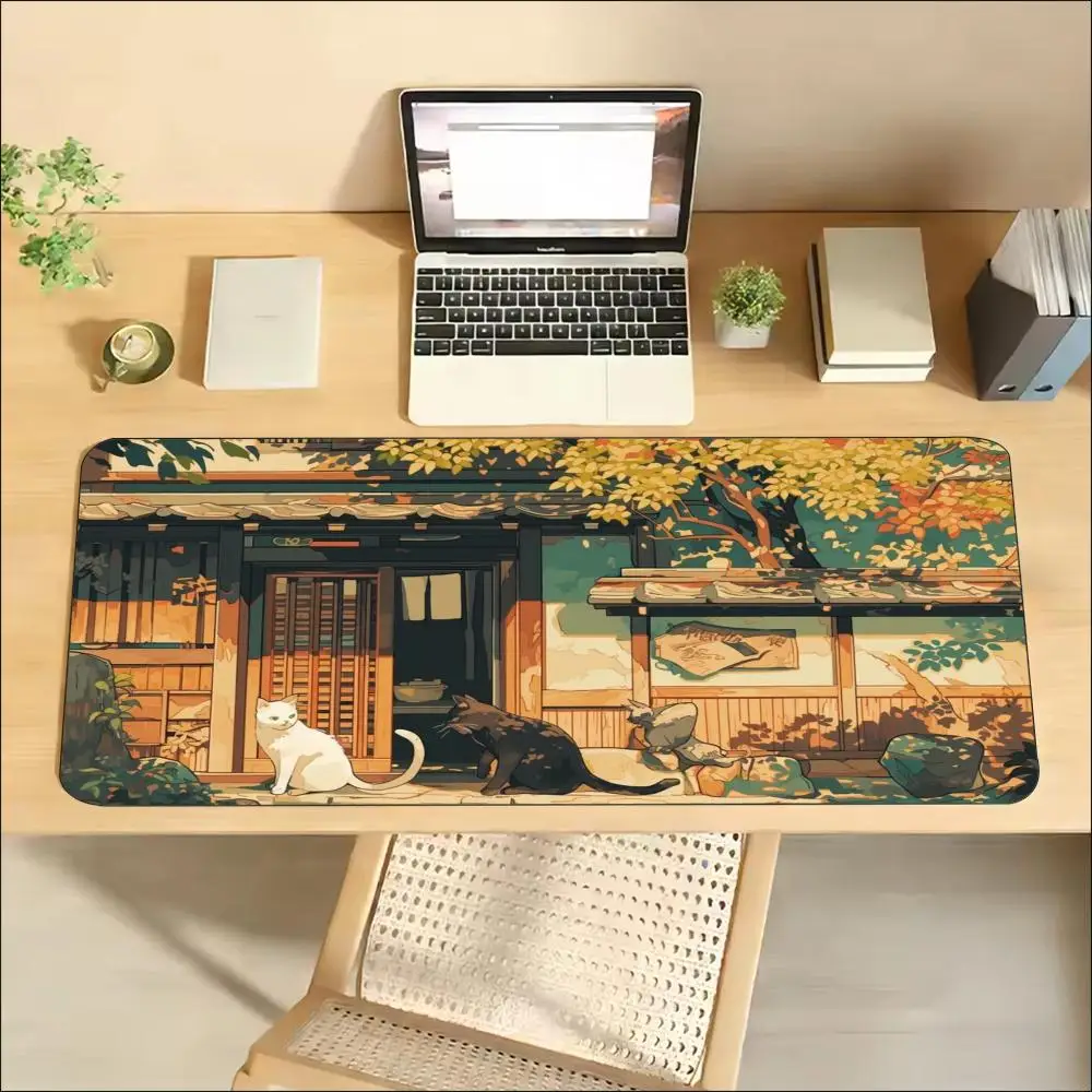 Warm Retro Anime Cute Cat Cozy Town Scene Large Gaming MousePad Non Slip Rubber Desk Mat For Laptop Keyboard Home Office Desktop
