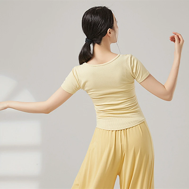 현대 무용 여성 탑 반팔 v 넥 티셔츠 솔리드 컬러 클래식 트레이닝 의류 캐주얼 티 요가 여름 슬림 블라우스