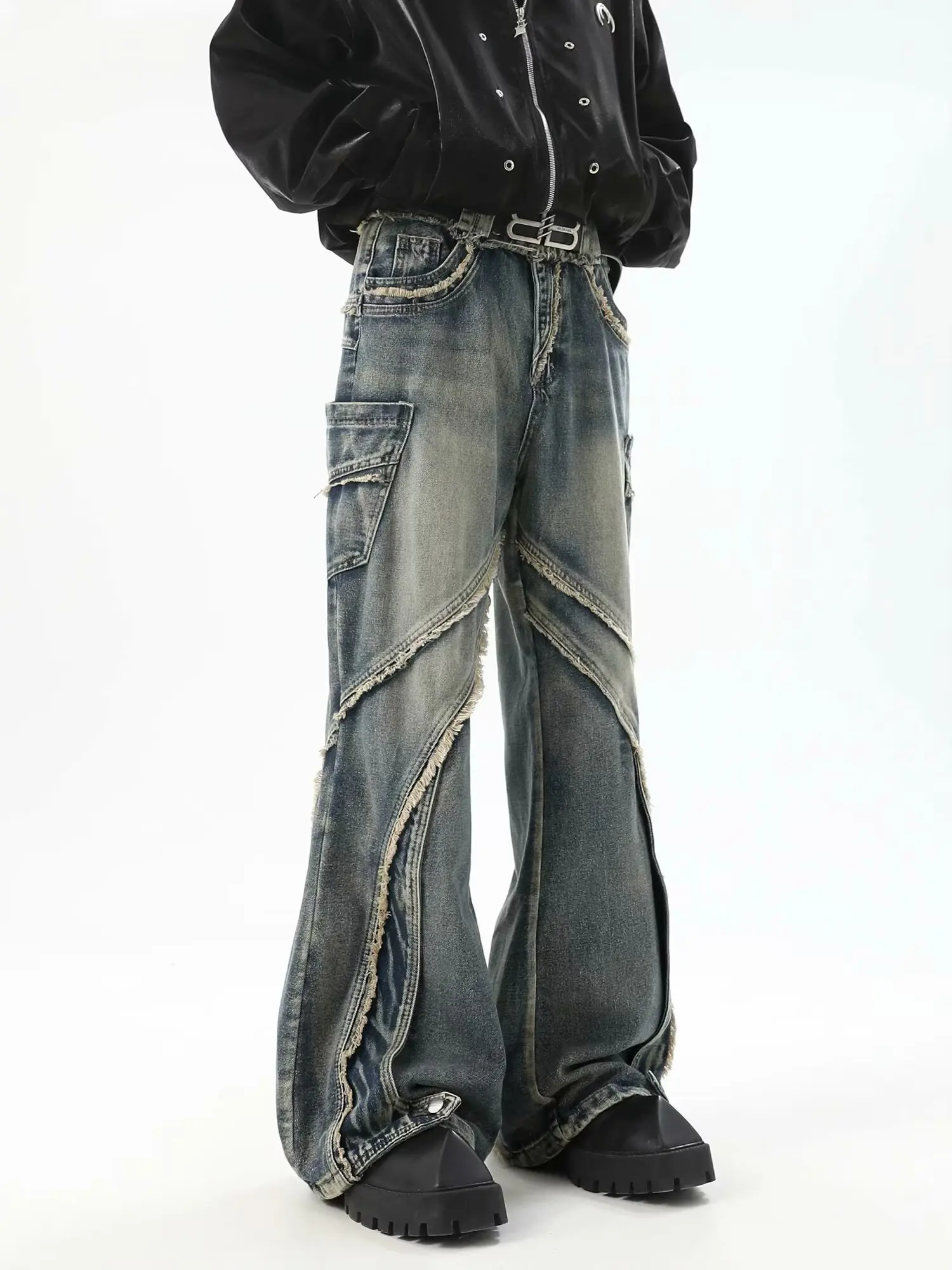 Oversized Jeans Men Raw Edge Washed Darkwear Y2K Punk Black American Street Rock Retro High Waist  Wide Leg Trousers Men y2k